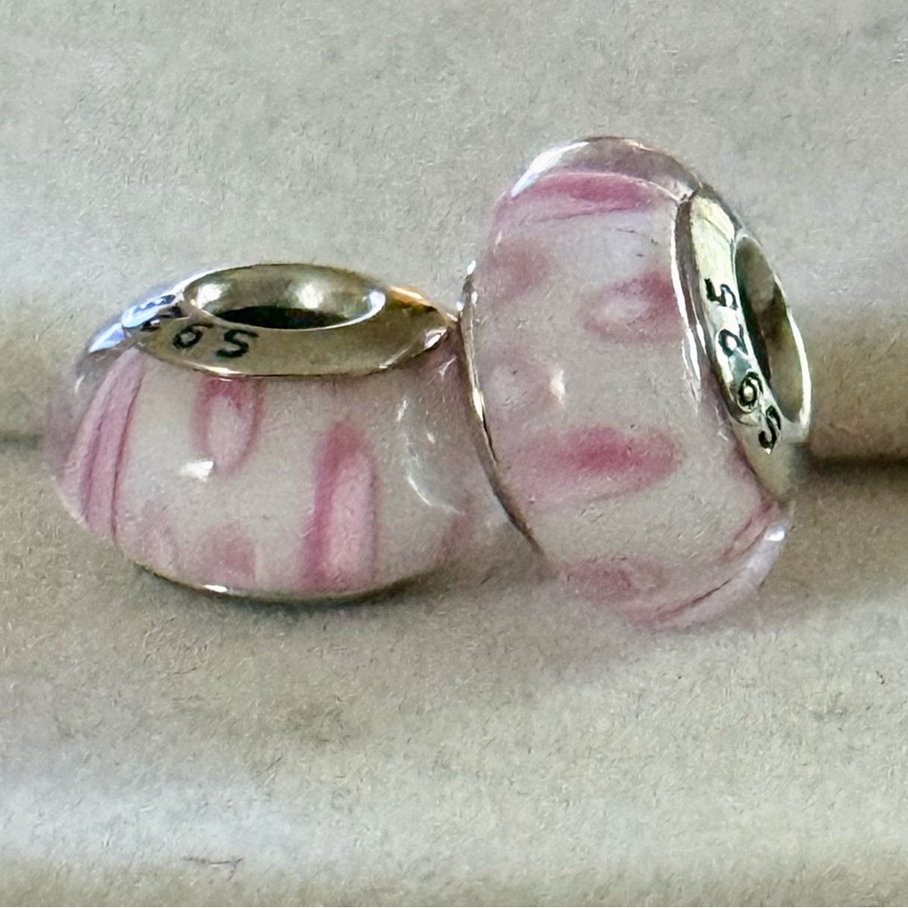 Pink and white Murano Glass Charms set fit Pandora bracelets
